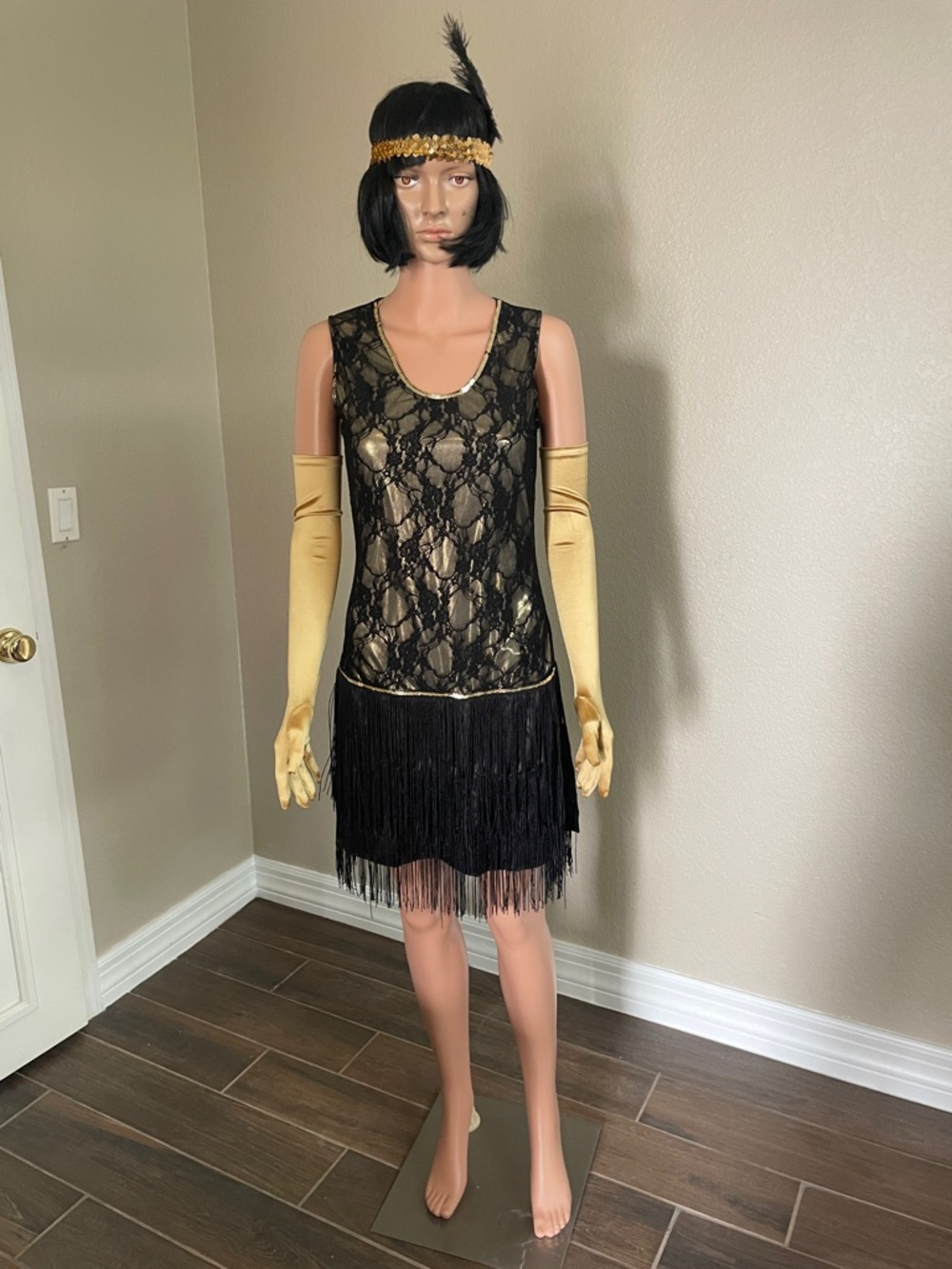 Black Lace & Gold Flapper Fringe Dress with Gold Gloves and Headband